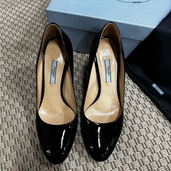 Prada Black Patent Round Toe Pumps - Picture 5 of 10